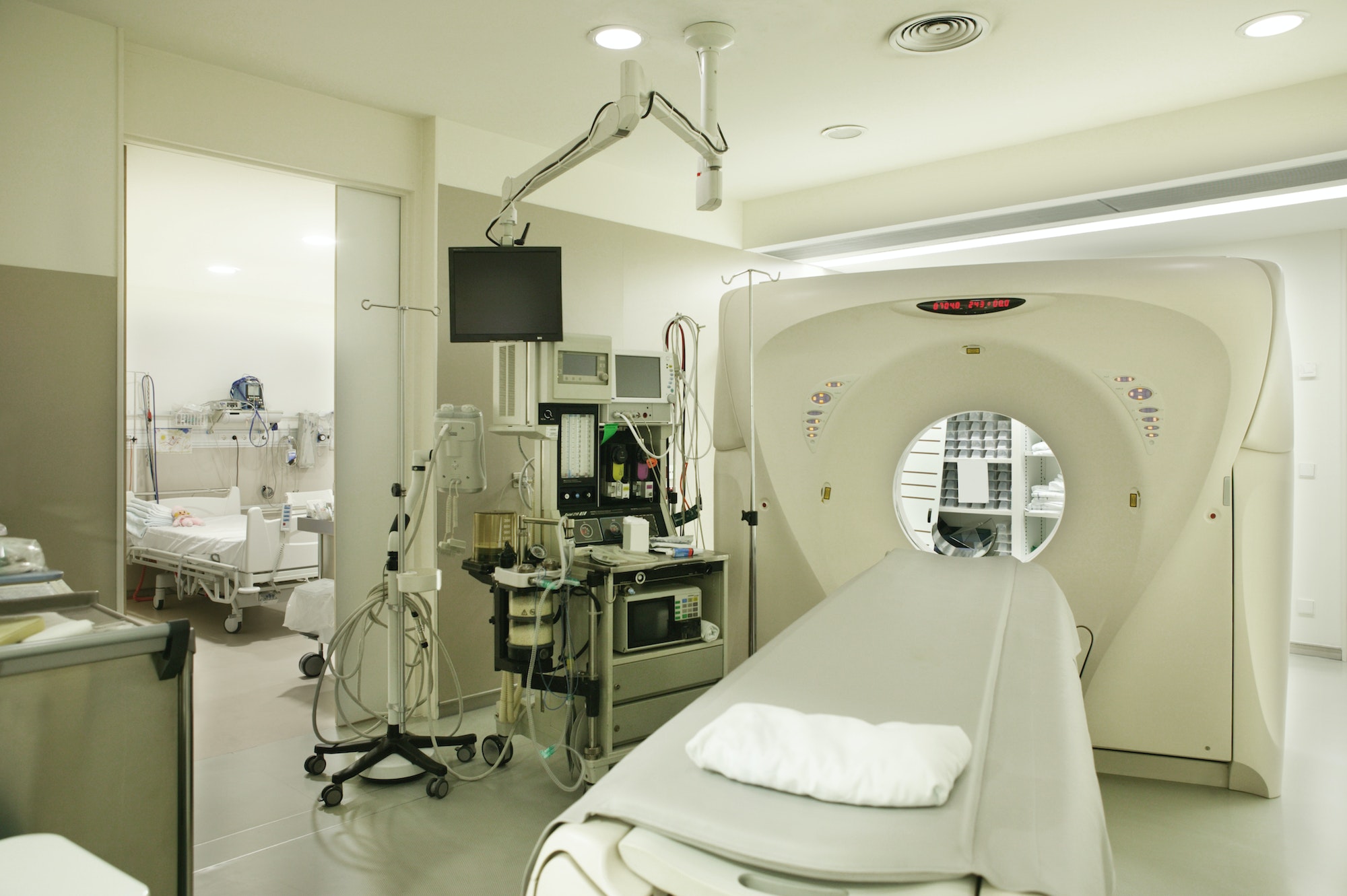 Computed axial tomography hospital room. Equipped oncology diagnosis area